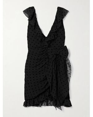 Alessandra Rich Bow-Embellished Ruffled Flocked Silk-Chiffon Mini Dress - Black