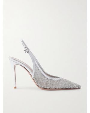 Gianvito Rossi Itaca 95 Metallic Leather-Trimmed Embellished Mesh Slingback Court Shoes - White