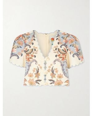 FARM Rio Cropped Floral-Appliquéd Printed Linen Top - Natural