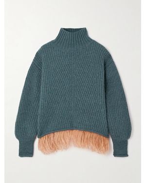 La DoubleJ High Kick Feather-Trimmed Ribbed Alpaca-Blend Turtleneck Jumper - Blue