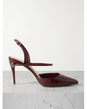 Jennifer Chamandi Vittorio 85 Croc-Effect Leather Point-Toe Slingback Pumps - Brown
