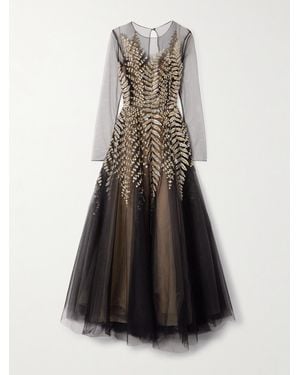 Oscar de la Renta Crystal, Bead And Sequin-Embellished Pleated Tulle Midi Dress - White