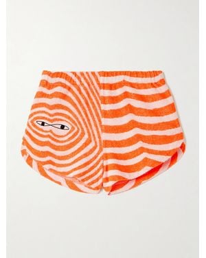 The Elder Statesman Embroidered Striped Cotton-Terry Shorts - Orange