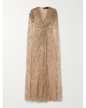 Jenny Packham Lotus Cape-effect Embellished Tulle Gown - Natural