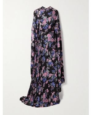 Balenciaga Cape-Effect Floral-Print Plissé-Crepe Gown - Blue