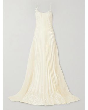 Danielle Frankel Scarlet Lace-Trimmed Pleated Satin And Tulle Gown - Natural