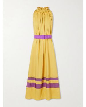 Marta Ferri Camogli Belted Ruched Grosgrain-Trimmed Cotton-Poplin Halterneck Midi Dress - Yellow