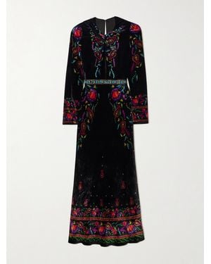 Saloni Claudia Twisted Embellished Printed Velvet Midi Dress - Black