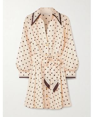 Zimmermann Belted Polka-Dot Silk-Satin Mini Shirt Dress - Natural