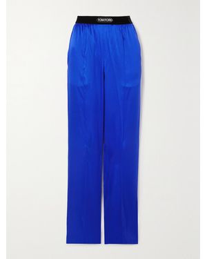 Tom Ford Velvet-Trimmed Stretch-Silk Satin Trousers - Blue