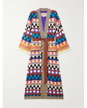Valentino Garavani Belted Ruffled Printed Silk-Twill Robe - Blue
