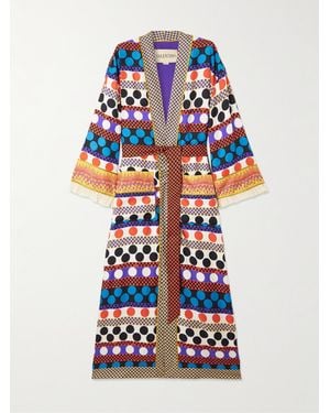 Valentino Garavani Belted Ruffled Printed Silk-Twill Robe - Blue