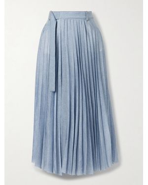 Sacai Wrap-Effect Denim-Paneled Pleated Printed Crepe De Chine Midi Skirt - Blue