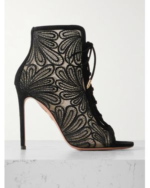 Aquazzura 105 Suede-Trimmed Chantilly Lace Ankle Boots - Black