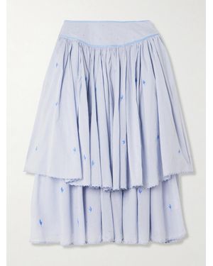 Thierry Colson Constance Gathered Tiered Embroidered Cotton-Voile Midi Skirt - Blue