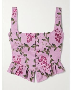 Agua Bendita Eslabón Wisteria Cropped Ruffled Embroidered Linen Top - Pink