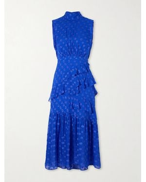 Saloni Fleur Polka-Dot Ruffled Fil Coupé Silk-Blend Crepe De Chine Midi Dress - Blue