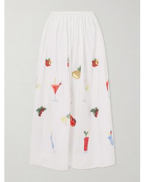 Loretta Caponi Talamone Pleated Embroidered Cotton-Poplin Maxi Skirt - Natural