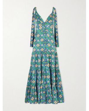 Christiano Marchelli Donatella Tie-Detailed Tiered Printed Silk-Blend Satin Maxi Dress - Blue