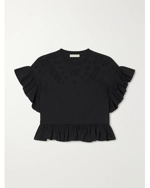 Ulla Johnson Mariana Ruffled Broderie Anglaise Organic Cotton-Jersey Blouse - Black