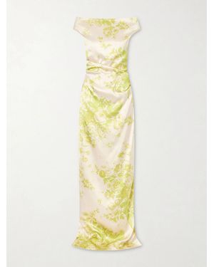 Erdem Off-The-Shoulder Pleated Floral-Print Duchesse-Satin Gown - Metallic