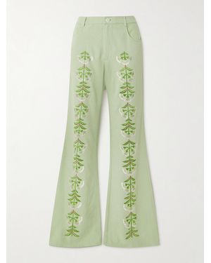 Alix Of Bohemia Charlie Embroidered Slubbed Silk Flared Pants - Green