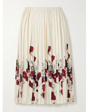 KHAITE Anya Pleated Floral-Print Satin-Twill Midi Skirt - White