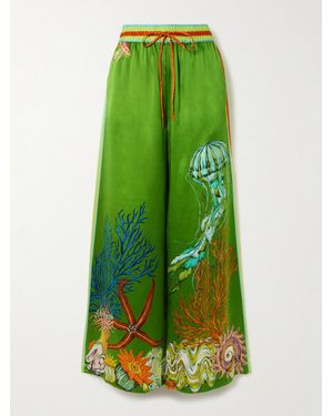 ALÉMAIS Sam Pauletto Aquatica Printed Silk-Satin Wide-Leg Trousers - Green