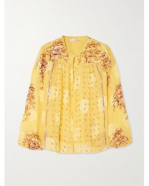 Ulla Johnson Aster Picot-Trimmed Printed Silk-Blend Crepon Blouse - Yellow