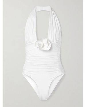 Maygel Coronel Pilaya Appliquéd Ruched Halterneck Swimsuit - White