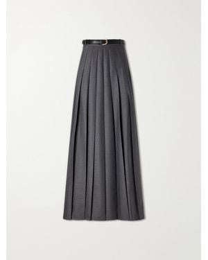 Self-Portrait Belted Pleated Woven Grain De Poudre Maxi Skirt - Grey