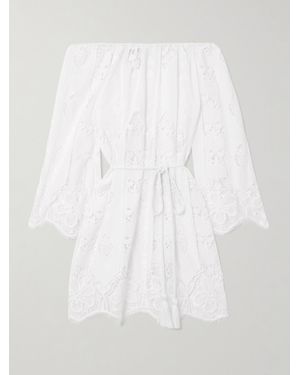 Miguelina Mini-Robe Épaules Nues En Voile De Coton Et En Dentelle À Broderies Et À Ceinture Brigette - Blanc