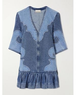 ALÉMAIS Jesse Ruffled Embroidered Denim Mini Dress - Blue