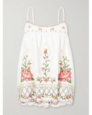 FARM Rio Floral-Embroidered Linen-Blend Cami - White