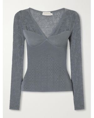 Zimmermann Pointelle Merino Wool-Blend Lace Top - Grey