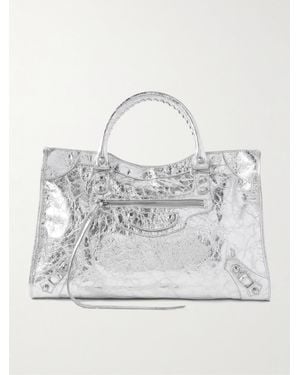 Balenciaga Le City Mittelgroße Tote Aus Strukturiertem Metallic-Leder - Grau