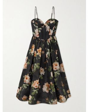 Zimmermann Luna Midikleid Aus Einer Leinen-Seidenmischung Mit Blumenprint - Weiß