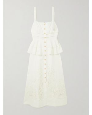 Self-Portrait Embellished Broderie Anglaise Linen And Cotton-Blend Midi Dress - White
