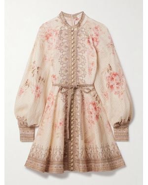 Zimmermann Illuminate Belted Printed Linen Mini Dress - Natural