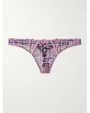 Fleur du Mal Gabrielle String Aus Besticktem Tüll Mit Satinbesätzen Aus Einer Seidenmischung - Lila
