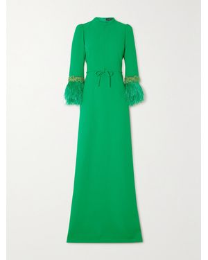 Andrew Gn Embellished Feather-trimmed Cady Gown - Green