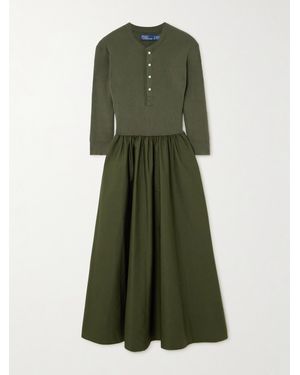 Polo Ralph Lauren Ribbed-Knit And Cotton-Poplin Midi Dress - Green