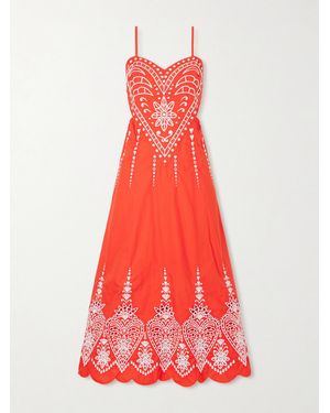 FARM Rio Heart Broderie Anglaise Cotton Midi Dress - Red