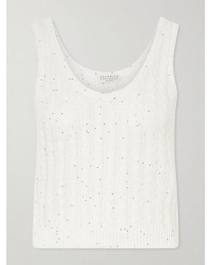 Brunello Cucinelli Sequin-Embellished Open-Knit Linen-Blend Tank - Natural