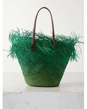 Sensi Studio Leather-Trimmed Frayed Ombré Straw Tote - Green