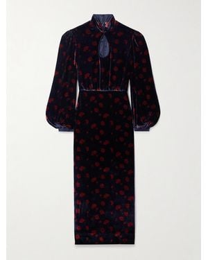 Saloni Domino Cutout Floral-Print Velvet Turtleneck Midi Dress - Blue