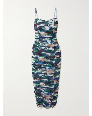 Mary Katrantzou Ruched Printed Stretch-Tulle Midi Dress - Blue
