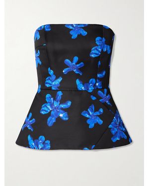 Emilia Wickstead Regan Strapless Floral-Print Faille Bustier Top - Blue
