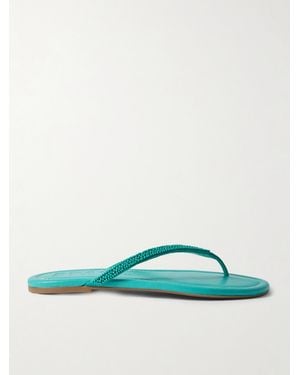 STAUD Freja Beaded Satin-Trimmed Leather Flip Flops - Green