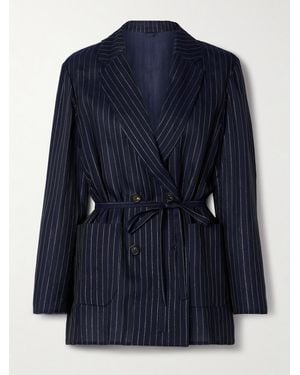 Brunello Cucinelli Double-Breasted Belted Metallic Pinstriped Cotton-Blend Blazer - Blue